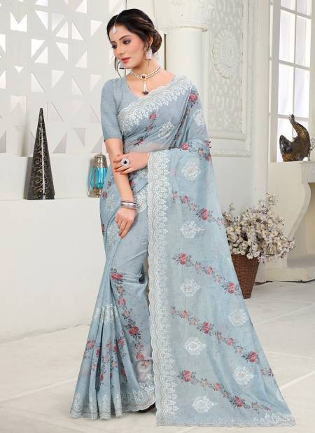 Sky Blue Colour Latest Fancy Party Wear Orgenza Digital Print With Embroidered Saree Collection 1082